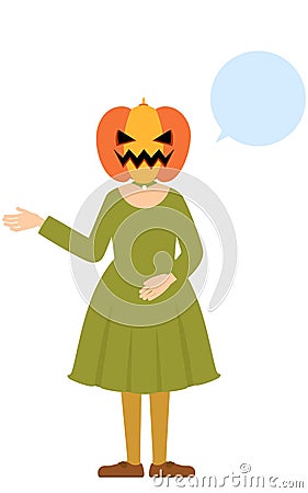 ãƒãƒ­ã‚¦ã‚£ãƒ³ã®ä»®è£…ã€ã‚«ãƒœãƒãƒ£ã®ãŠåŒ–ã‘å§¿ã®å¥³ã®å­ãŒå³æ‰‹ã‚’å‡ºã—ã¦è©±ã—ã¦ã„ã‚‹ãƒãƒ¼ã‚º Stock Photo